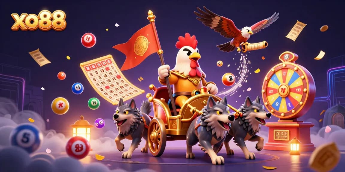 Experience the thrilling world of xo88 with a dynamic casino-themed illustration featuring a warrior rooster and game elements.