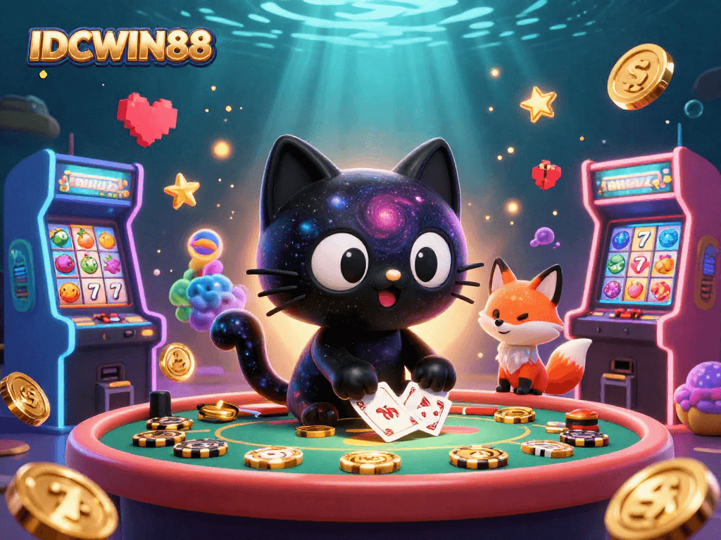 Experience the thrill of IDCWIN88 as the cosmic characters engage in lively slot gaming.