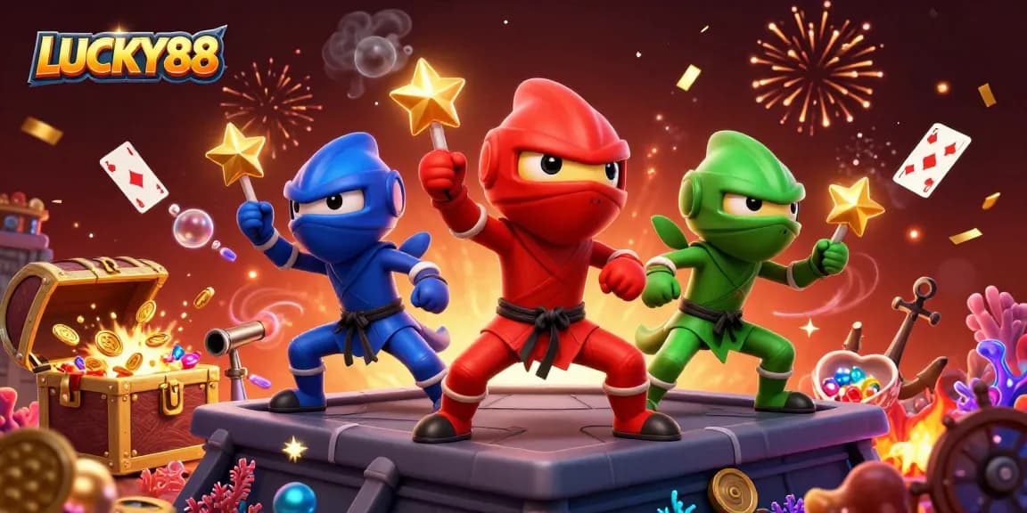 Engage with LUCKY88's thrilling action as chameleon ninjas dance amidst a treasure-filled casino scene.