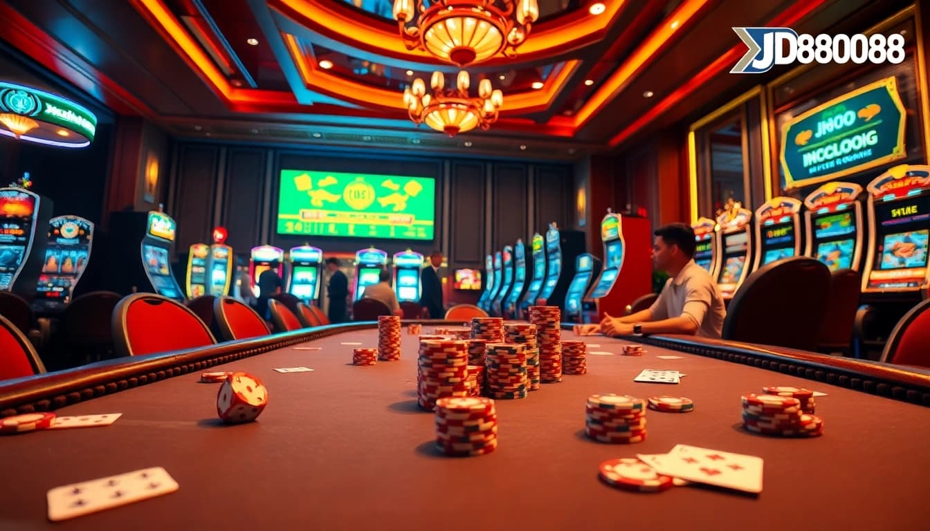 Người chơi tham gia trò poker đầy kịch tính tại Nhà cái JD88, thể hiện bầu không khí casino sôi động với cược cao.