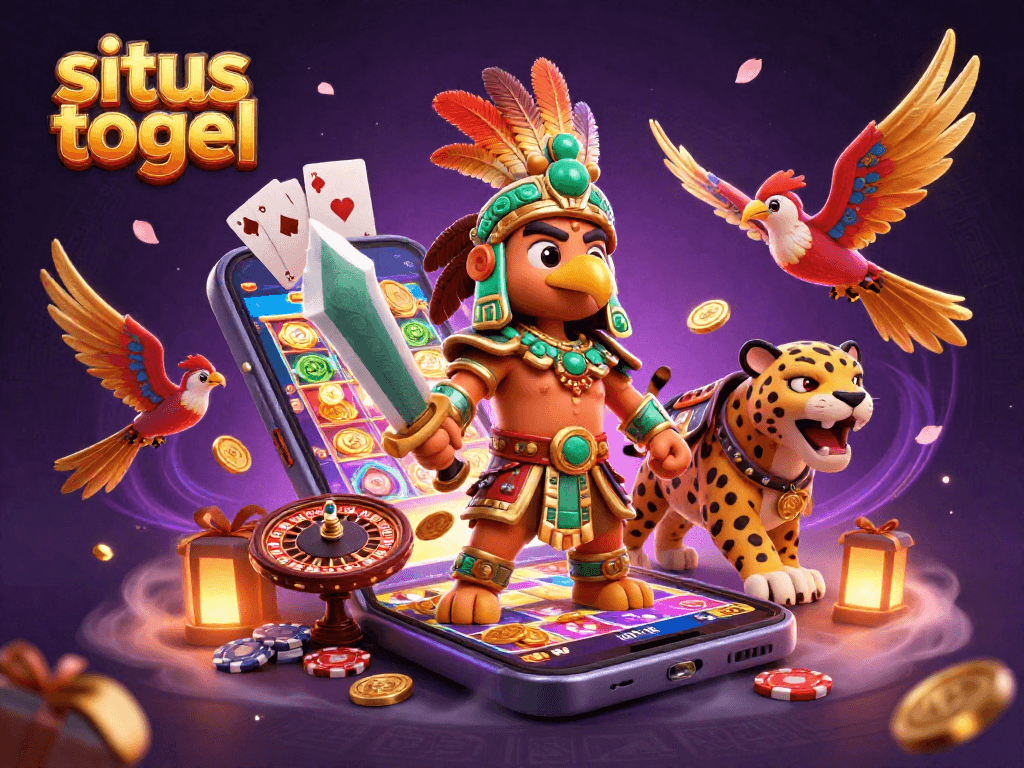 Experience the excitement of situs togel with dynamic slot games, golden coins, and thrilling gaming elements in an immersive illustration.