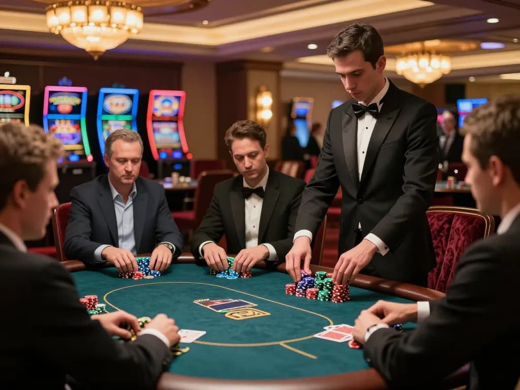 The strategic gameplay in an upscale poker table setting featuring rokok88 link alternatif, showcasing players deep in thought with vibrant chips.