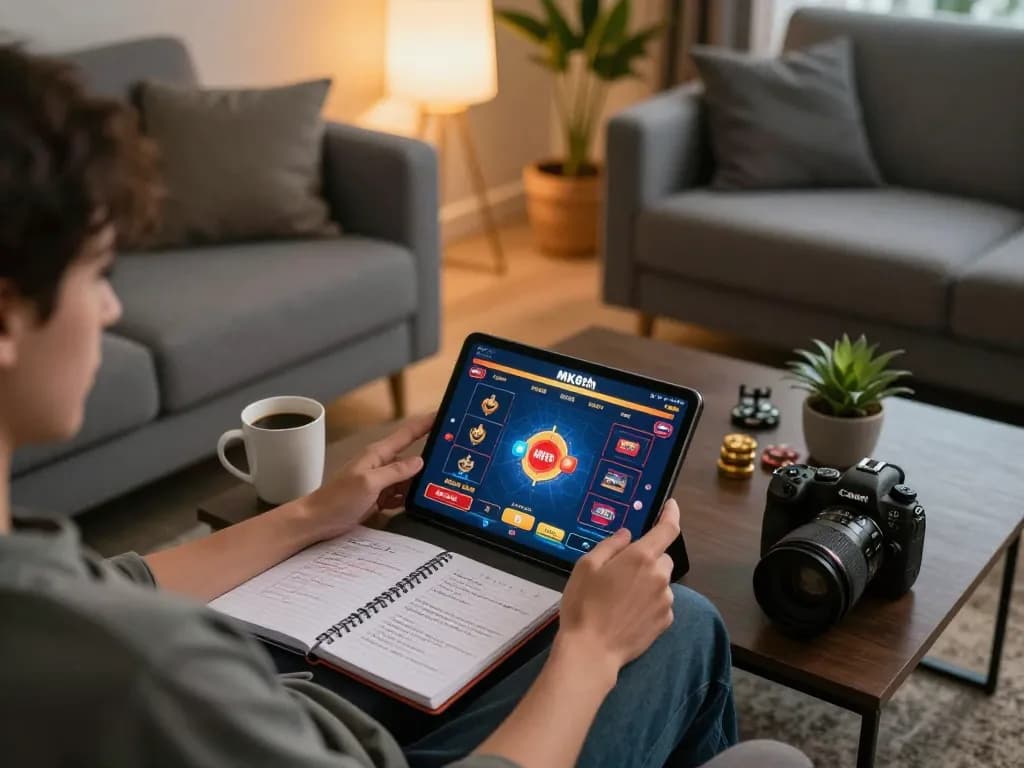 Engaging in an online game via MK8th on a tablet, surrounded by notes and strategies.