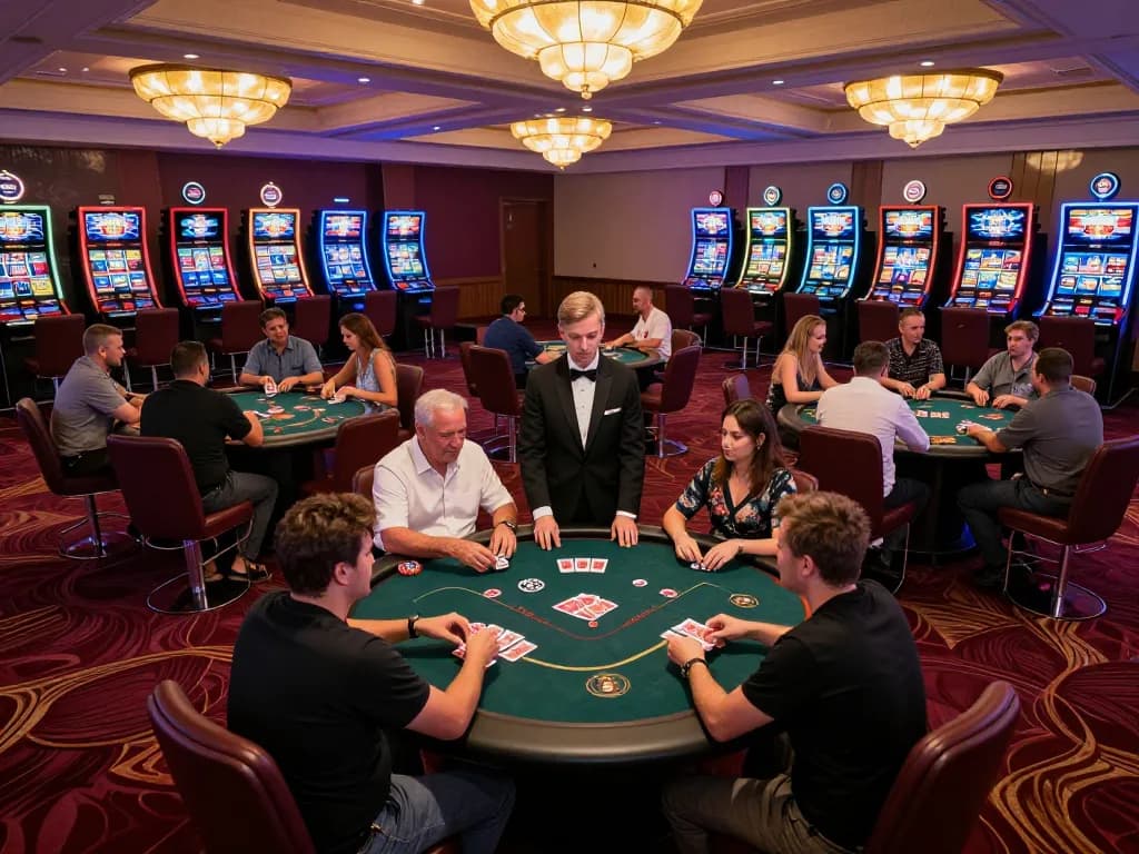 MM88 casino floor bustling with poker tables, engaging players, and vibrant slot machines in view.