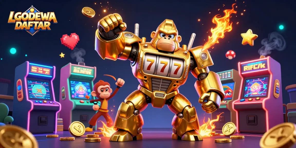Experience thrilling wins with LGODEWA DAFTAR, showcasing a dynamic golden gorilla mech and vibrant casino elements.