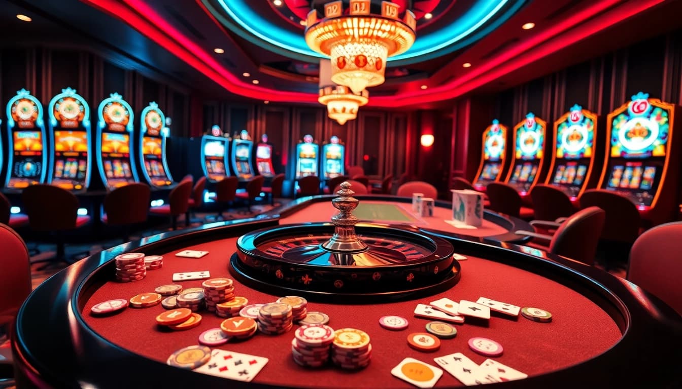Experience the thrill of go 99 at a luxurious casino with poker tables and slot machines.