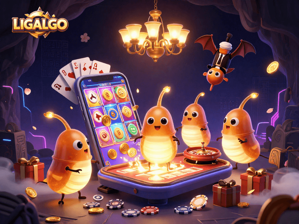LIGALGO illuminates a cave casino with a glowworm team, showcasing colorful slot games and casino elements.