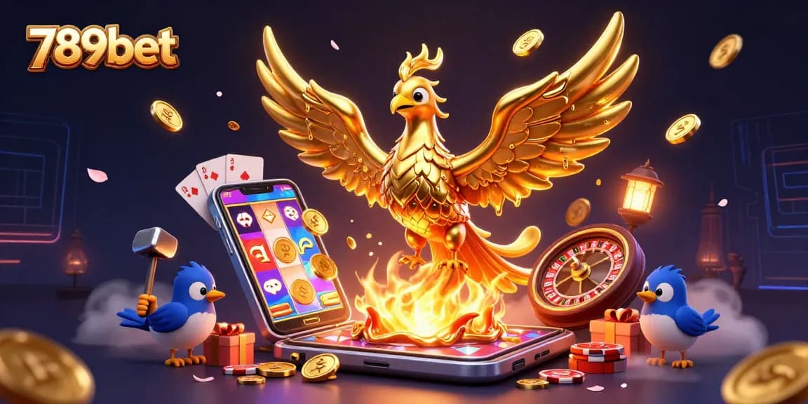 Play exciting games with 789bet and witness a golden phoenix rising amidst winning symbols and vibrant casino elements.