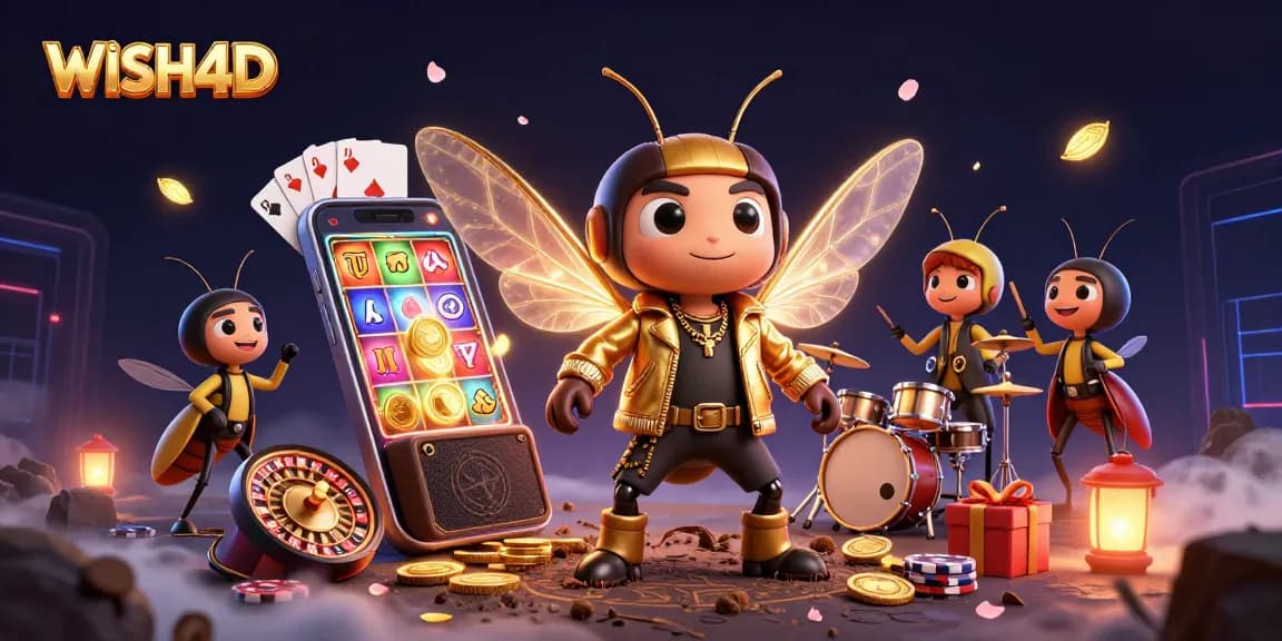Experience the thrill of WISH4D with a vibrant casino scene of animated characters and games.