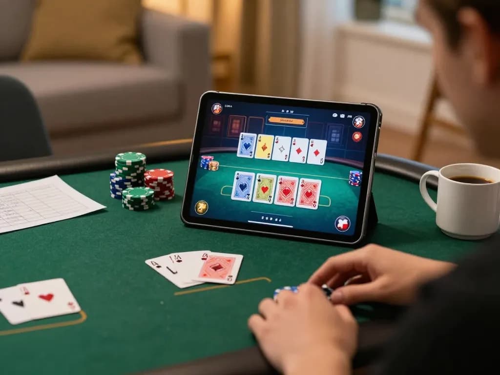 Player engaging with cm88-vn poker game on a tablet at home, showcasing a cozy gaming atmosphere.
