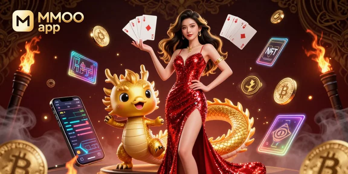 Engage with the exciting MMOO app featuring a glamorous character, golden dragon, and lively gaming elements.