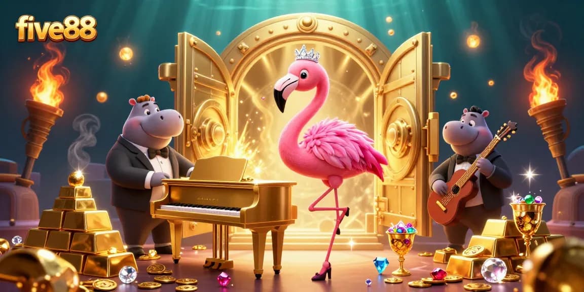Experience the thrill with five88 through an engaging illustration of vibrant casino life with lively characters.
