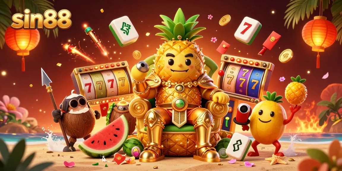 Experience vibrant fun at sin88 with a dynamic scene of the golden pineapple king and exciting slot elements.