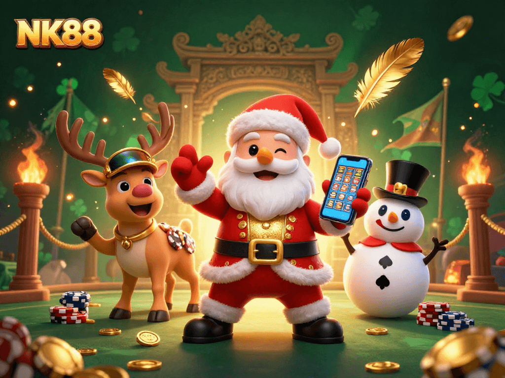 Experience jackpot excitement at NK88 with a festive casino scene featuring Santa, a reindeer dealer, and a poker chip snowman.