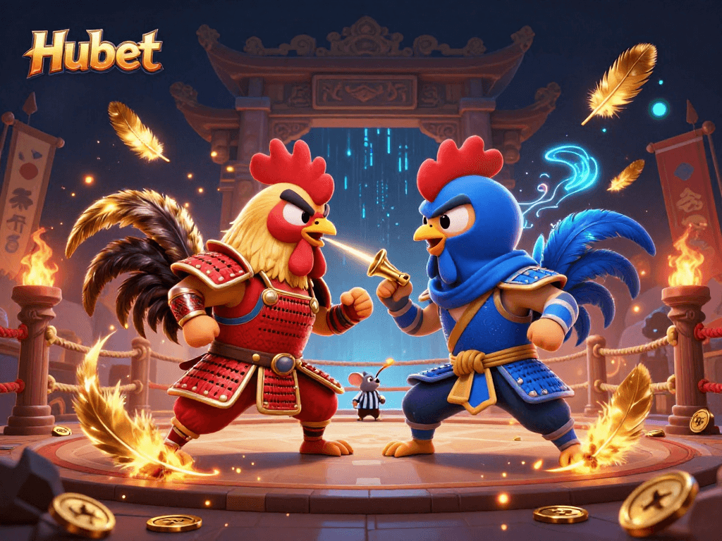 Engage with Hubet's unique gaming atmosphere featuring dynamic fighting roosters in an exhilarating showdown.