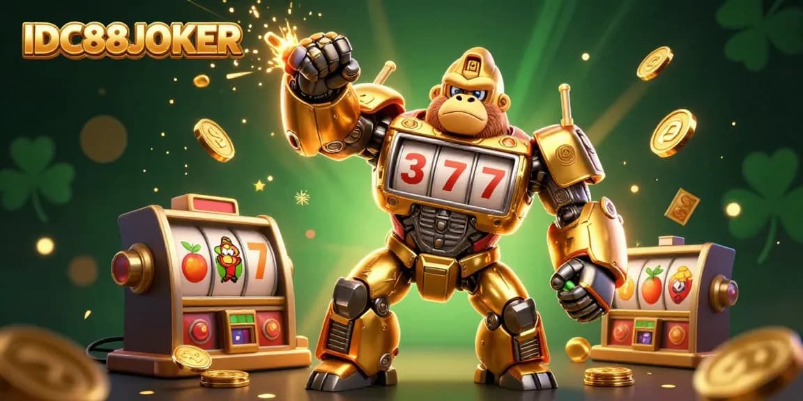 Experience the thrill of IDC88JOKER with a golden mech and exciting slot game elements.