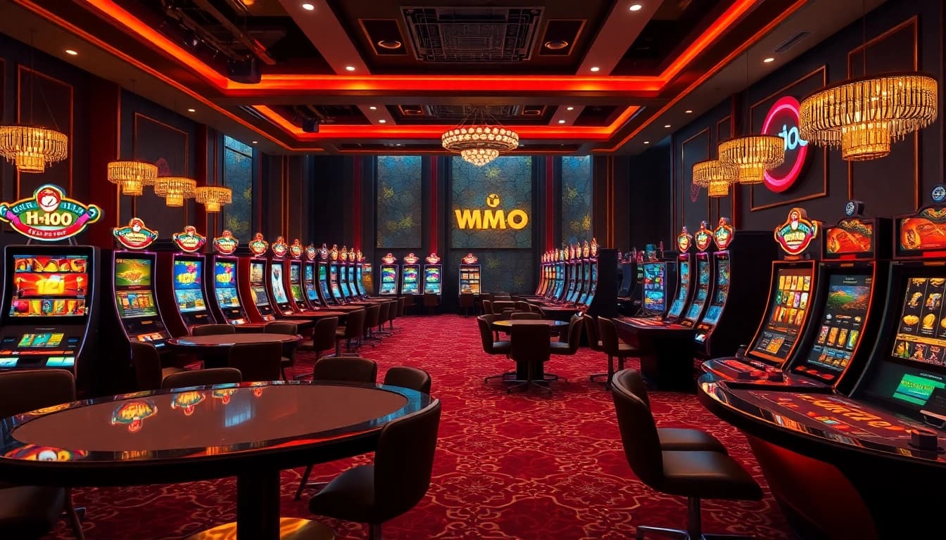 nhà cái mmoo luxurious casino atmosphere with vibrant games and players
