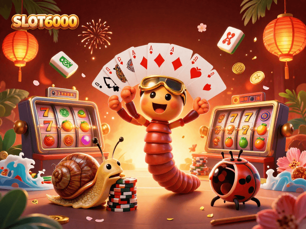 SLOT6000 showcases a lively casino scene with a millipede dealer and vibrant game elements, encouraging thrilling play.