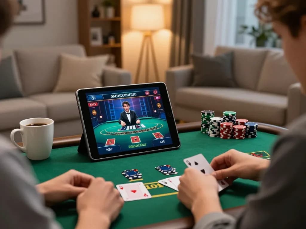 Cổng game HITCLUB showcasing immersive online blackjack gameplay on a tablet in a cozy home setting.
