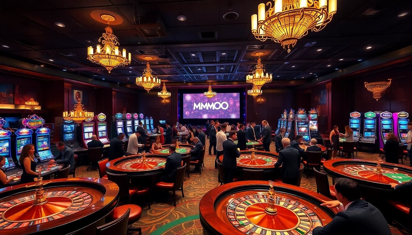 Experience the thrill of mmoo in a vibrant casino setting with roulette wheels and poker players.