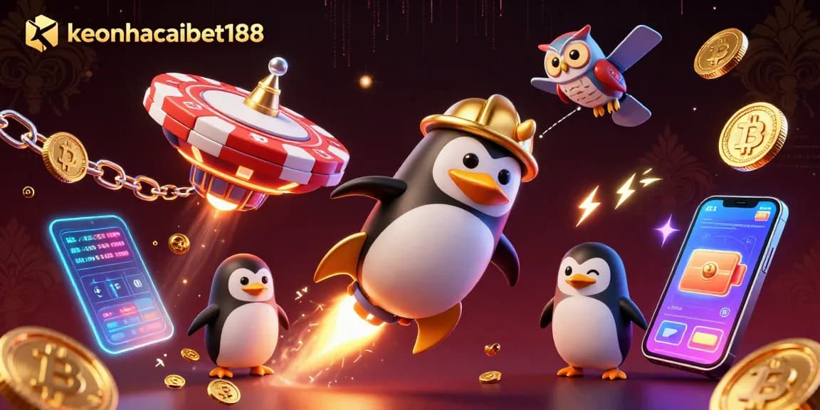 Experience keonhacaibet188 with an ultra-detailed casino-themed illustration featuring a golden penguin and crypto elements.
