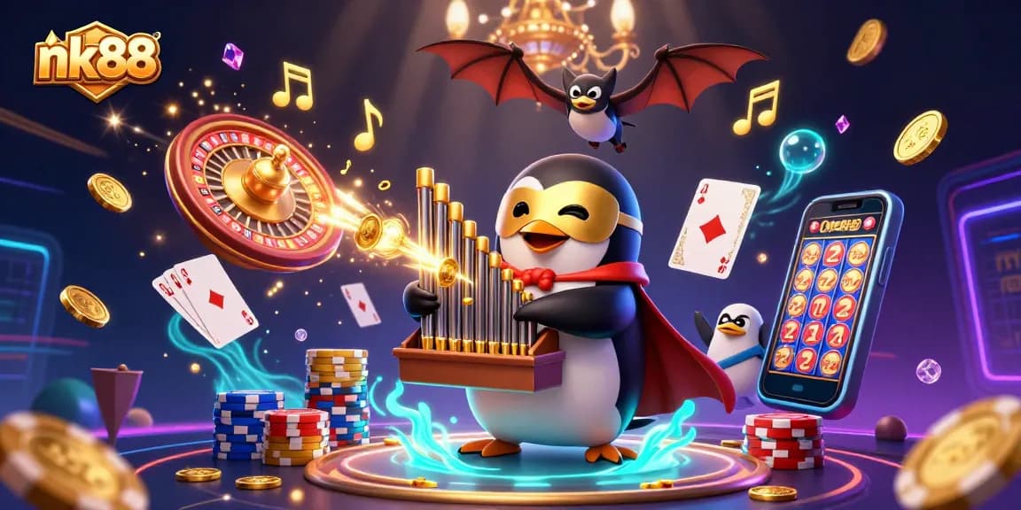 Experience excitement at nk88 with a 3D penguin playing organ and coins cascading in the air.