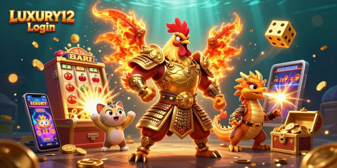 Rasakan sensasi LUXURY12 Login di mesin slot 3D dengan naga dan pejuang ayam bertarung.