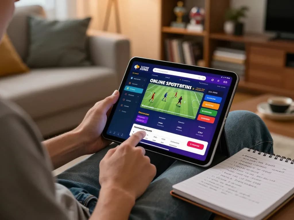 Engaging in Keo nha cai sports betting on a tablet with strategic notes visible in cozy living room