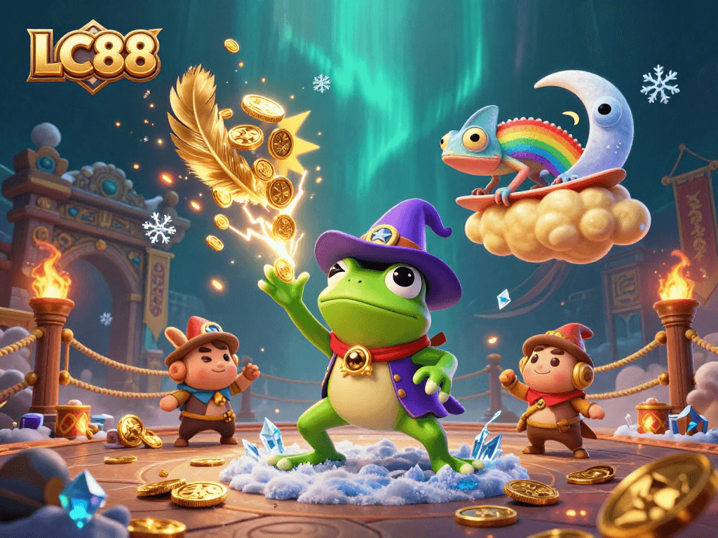 Experience the thrill of LC88 with a vibrant 3D scene filled with gold coins and dynamic casino elements.