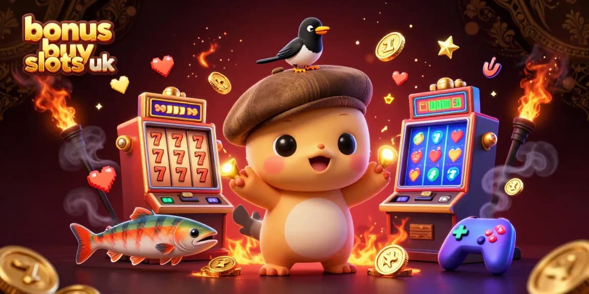 Experience exciting bonus buy slots UK with a vibrant scene featuring playful characters and casino elements.