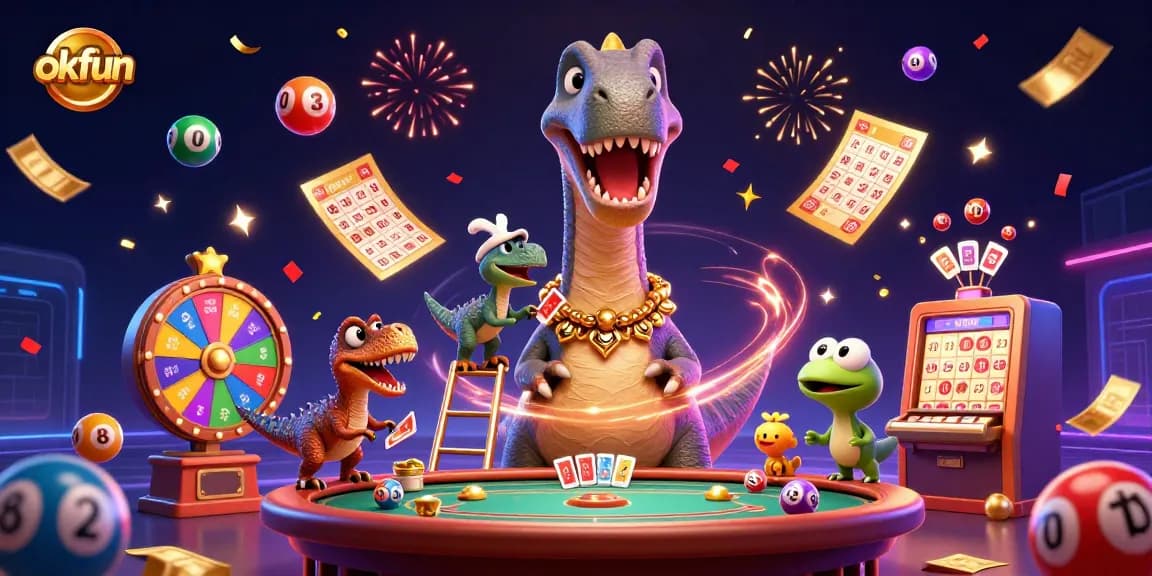 Experience excitement with okfun’s vibrant casino scene featuring dynamic lottery elements and charming dinosaurs.