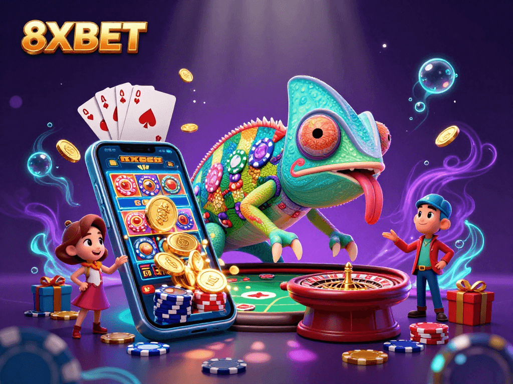 Engage with the vibrant world of 8XBET, where a chameleon casino owner watches over thrilling games.