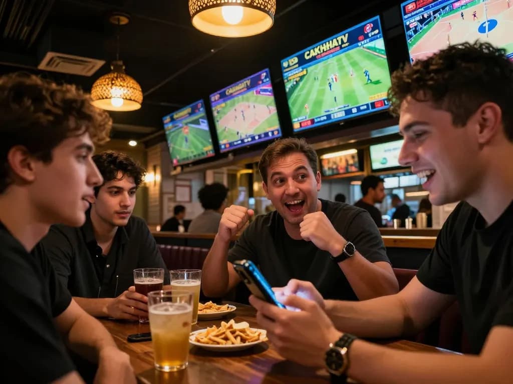 Engaged sports fans placing bets on CAKHIATV in a lively sports bar ambiance, showcasing high-energy betting.
