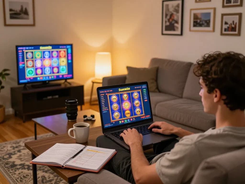 Engaging with the Sunwin online casino on a laptop during a cozy home gaming session