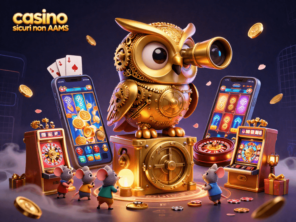 I giochi nei casinò sicuri non AAMS mostrano un gufo d'orologio che esplora una sala da gioco vibrante.