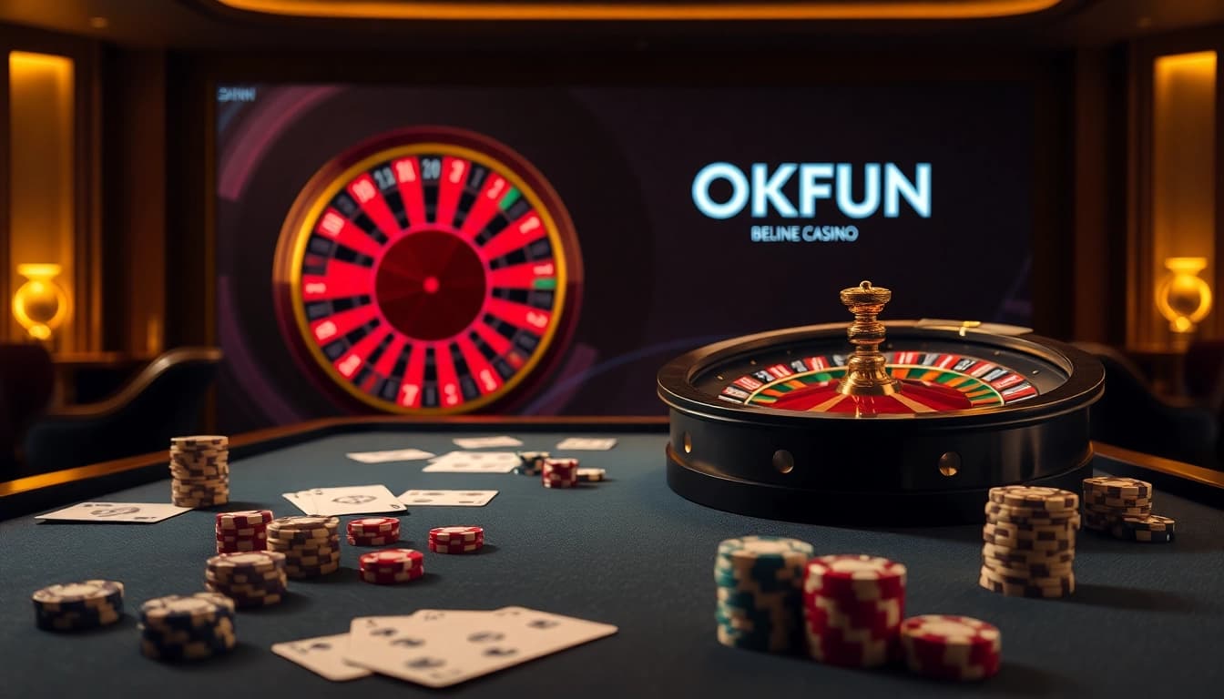 Engaging poker game action with vibrant casino elements and the OKFUN logo.