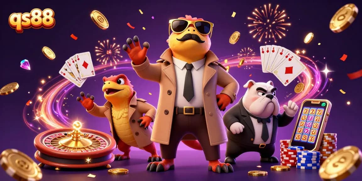 Experience exciting gameplay at qs88 with three raptors in a trench coat entering a casino.