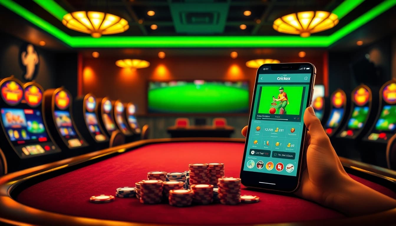 Experience thrilling cricket betting with Crickex at a luxury casino setting featuring vibrant tables and sleek devices.