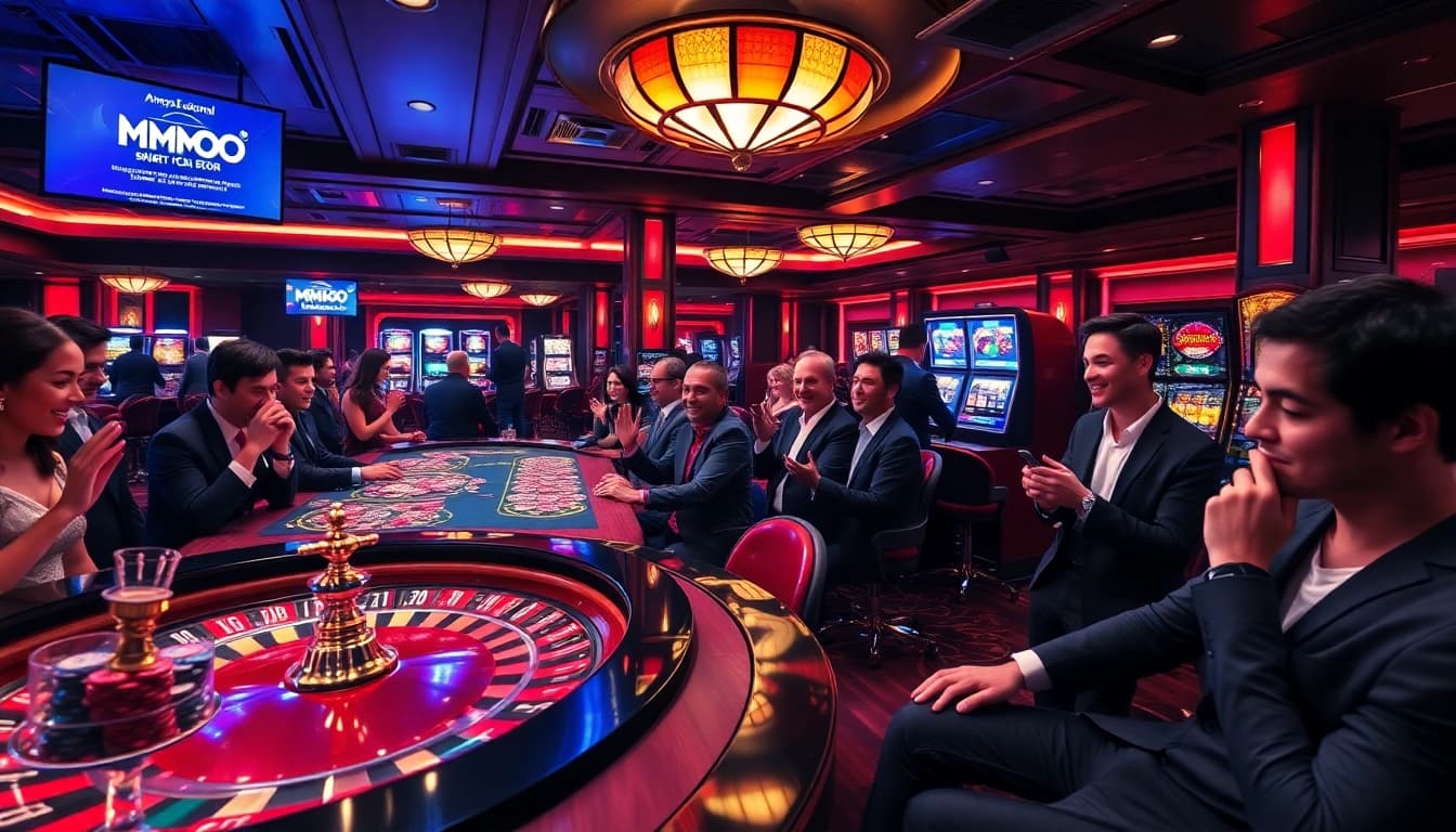 Winning at the blackjack table with mmoo poker chips amidst vibrant casino excitement.