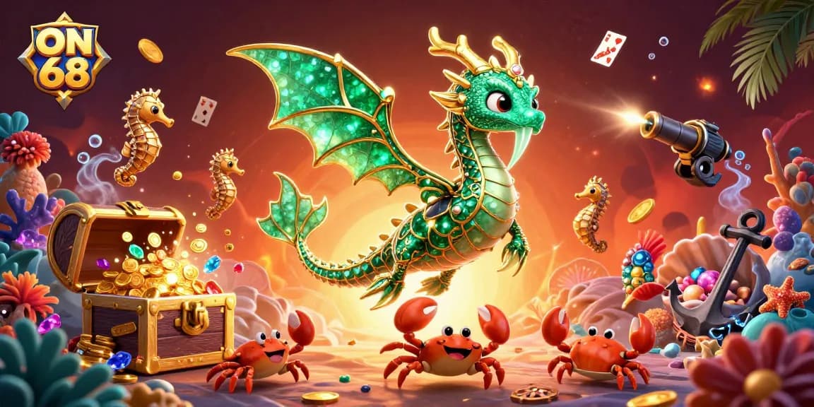 Engage with ON 68’s vibrant gaming scene featuring a majestic sea dragon and treasures in a dynamic casino adventure.