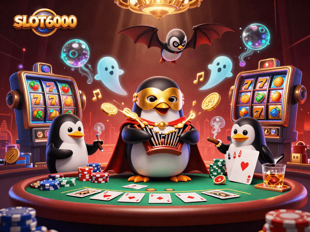 SLOT6000 showcases a vibrant scene with a phantom penguin at a poker table, throwing coins and playing in a casino.