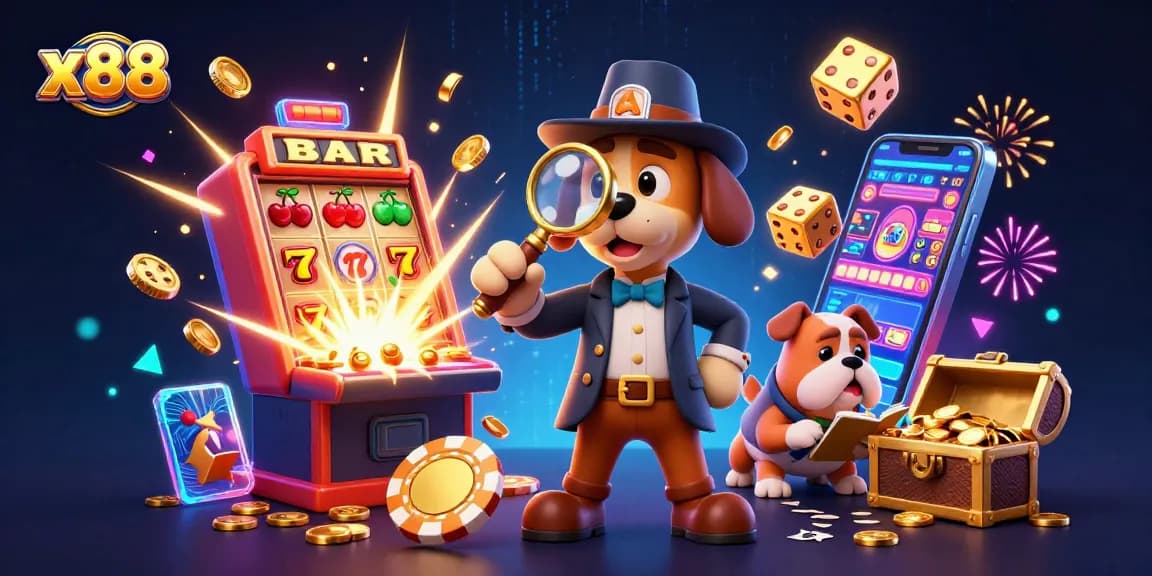 x88 players analyzing a poker clue with detective characters amid vibrant casino elements.