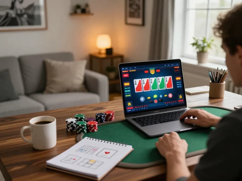 Engaging online poker gameplay on a laptop at home for 壹發娛樂, featuring vibrant cards and strategic betting.