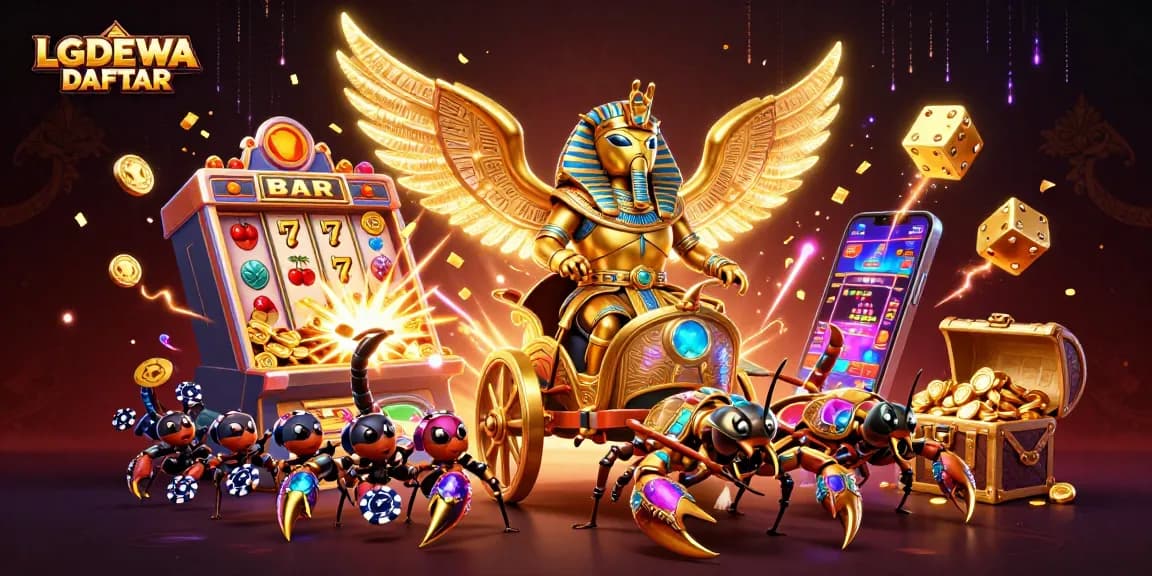 Spin to win at LGODEWA DAFTAR with a vibrant casino scene featuring thrilling slot machines and golden treasures.