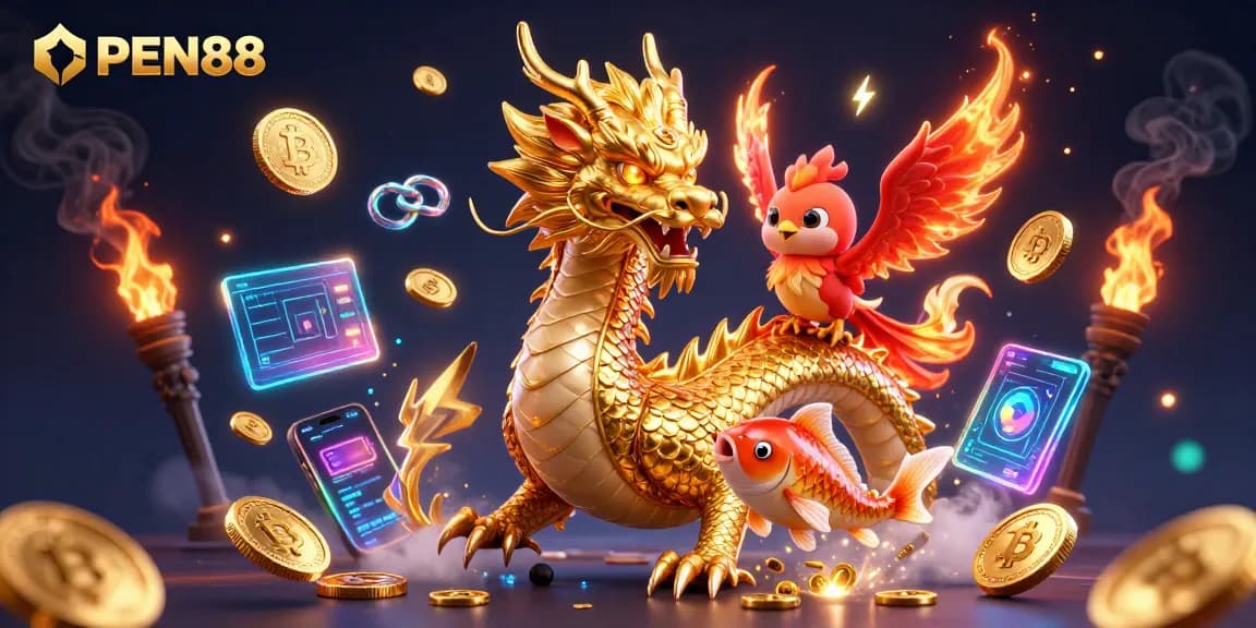 Engage in thrilling gameplay at OPEN88 with a fierce dragon, phoenix, and koi fish amidst coins.