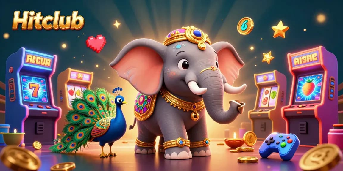 Experience the thrill of Hitclub with a vibrant, 3D casino illustration featuring a festive elephant and an array of gaming elements.