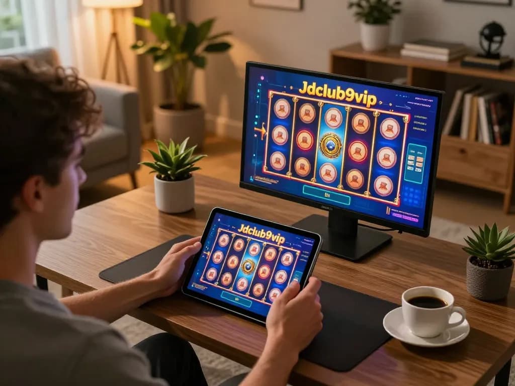 Engaging in Jdclub9vip gaming on a tablet in a cozy living room setup