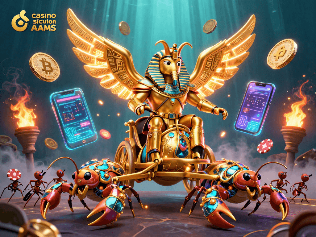 Gioca nei casino sicuri non AAMS con un imperioso scarabeo d'oro circondato da monete criptate.