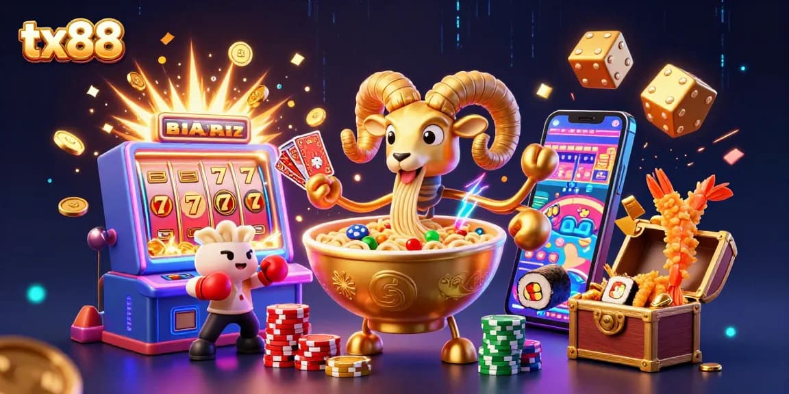 Engage with tx88's vibrant casino scene showcasing a ramen bowl dealer surrounded by slot machines and colorful game elements.