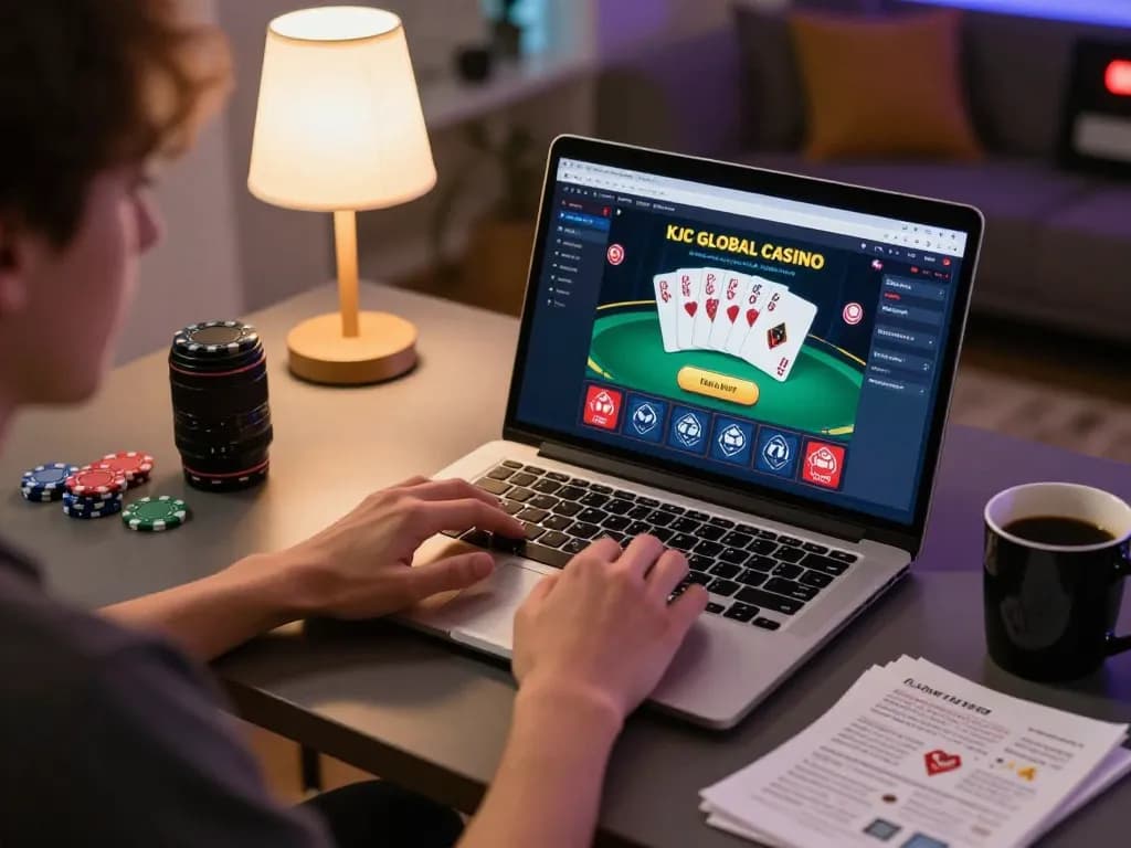 Engaging with kjc global online casino, player strategizing with poker interface at home setup.
